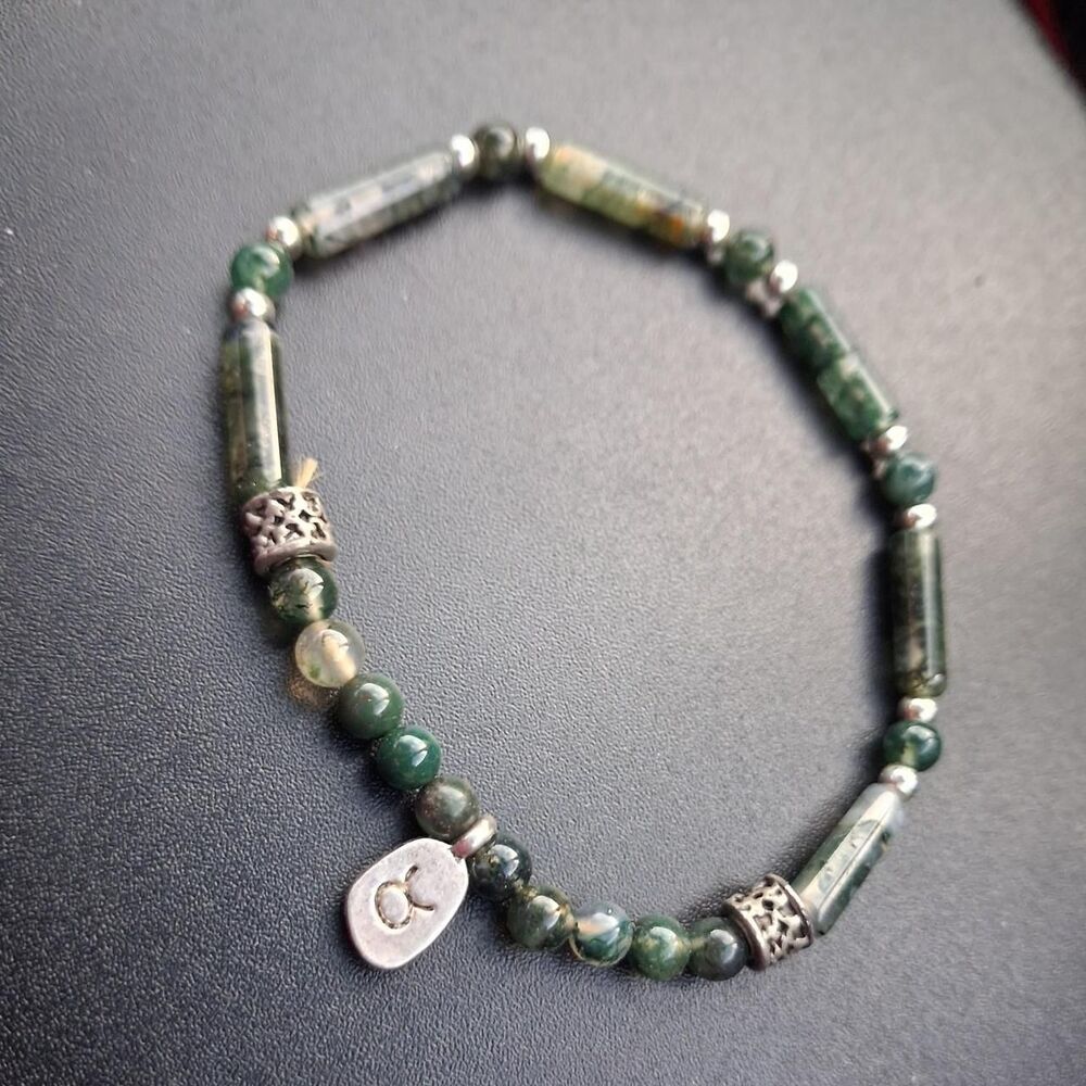 Boho Moss Agate Taurus Bracelet Green Natural Crystals